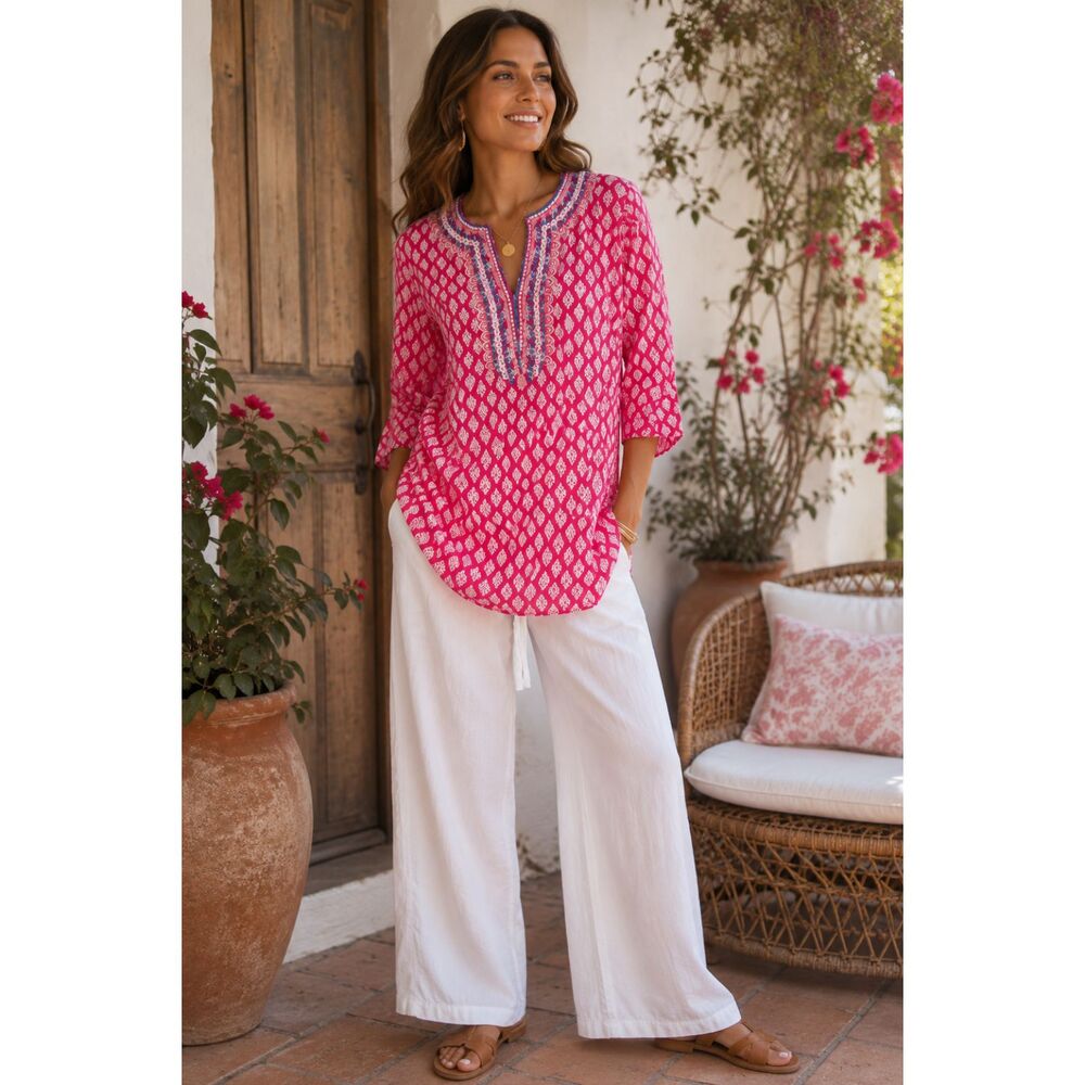 Pink Boho Embroidered Tunic Top | comfy Cotton Peasant Blouse